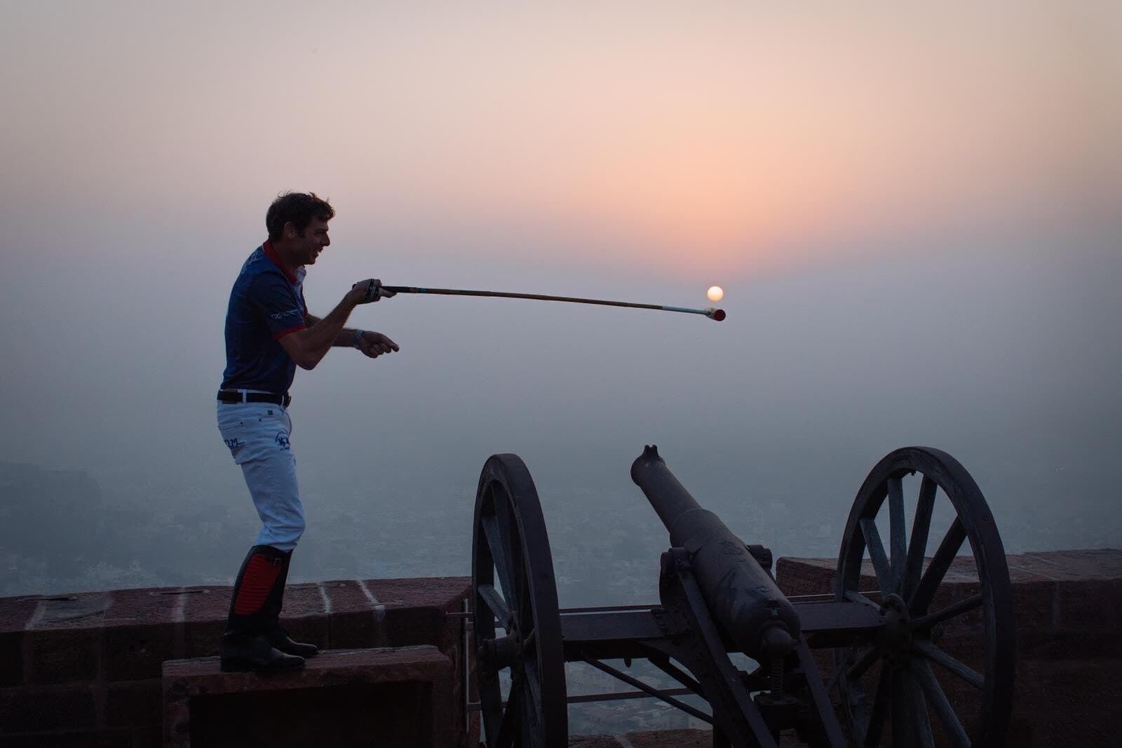 Malcolm Borwick with polo mallet at sunset, Rajasthan India