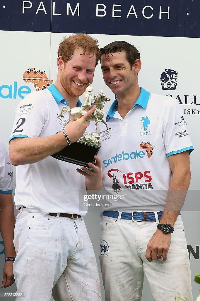 Malcolm Borwick and Prince Harry with Sentebale trophy, Palm Beach